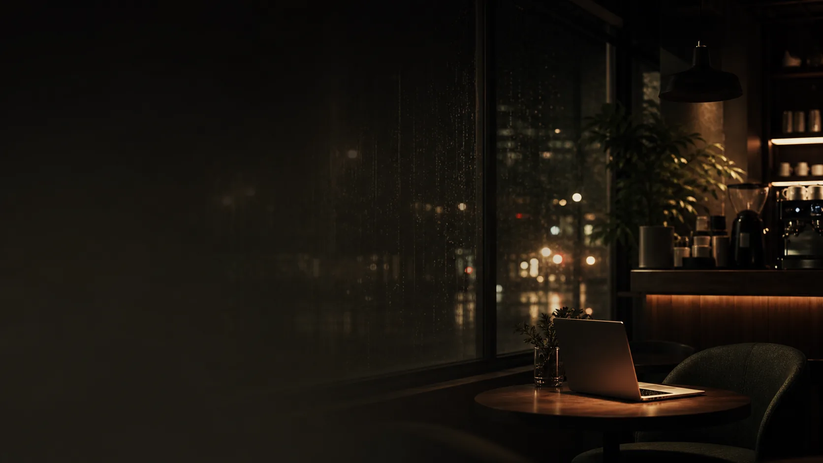 A late-night creative workspace overlooking the city
