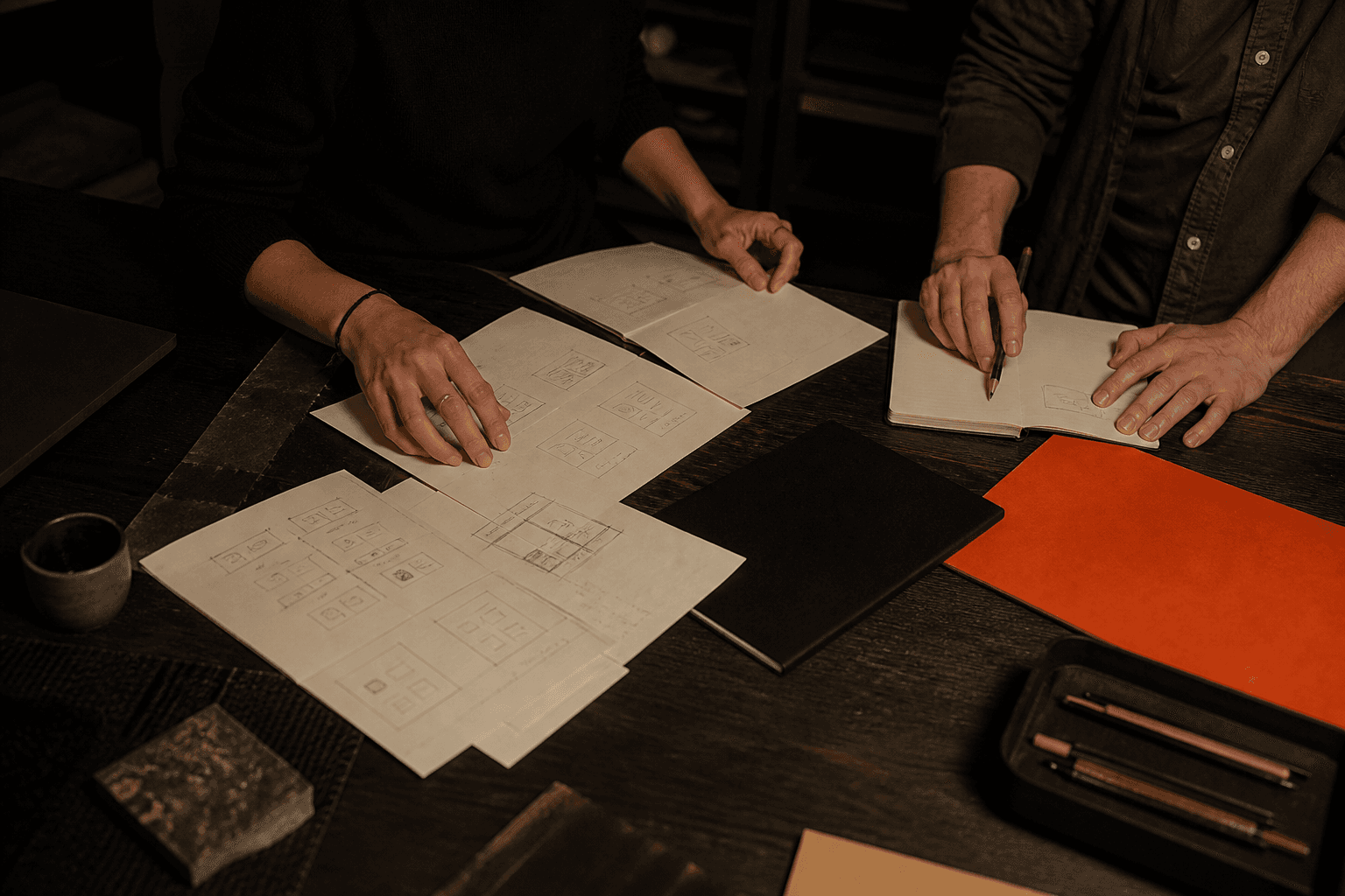 Two people arranging website sketches on a dark studio table