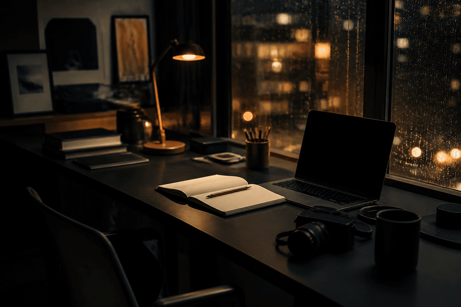 A late-night desk with a notebook and laptop beside rain-streaked windows