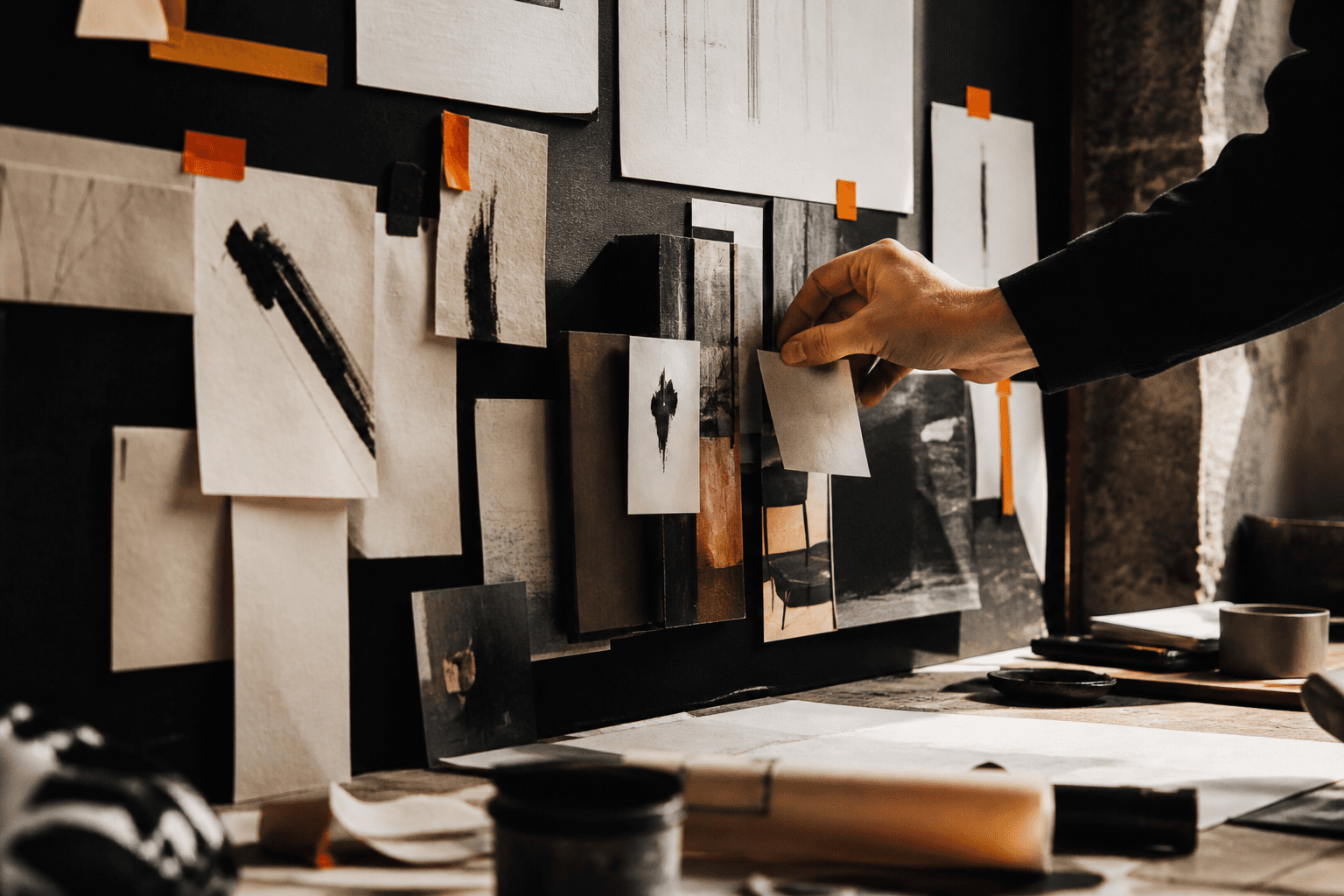 A hand arranging cream and black design materials on a studio wall